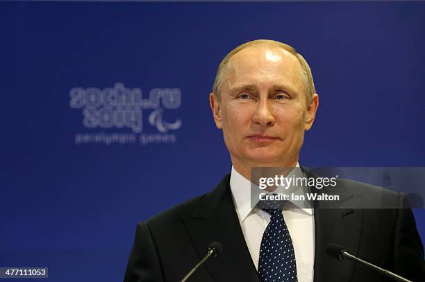 Vladimir Putin the President of Russia speaks to the IPC Governing Board prior to the Opening Ceremony of the Sochi 2014 Paralympic Winter Games at...