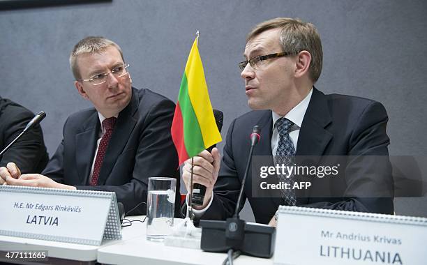 Latvian Foreign Minister Edgars Rinkevics and Lithuanian Foreign Minister Andrius Krivas attend a meeting of the foreign ministers from the Nordic,...