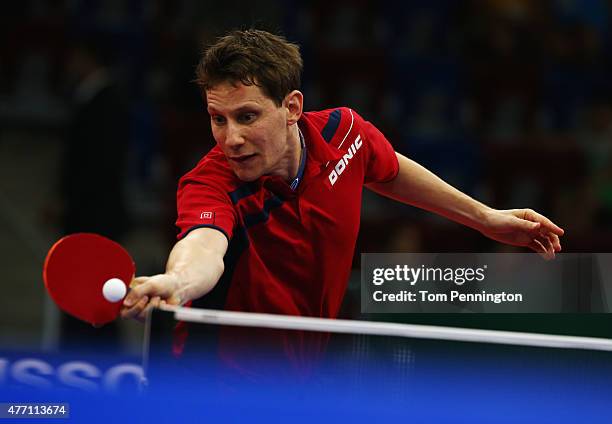 Robert Gardos of Austria competes in the Men's Team Table Tennis semi final match against Tiago Apolonia of Portugal during day two of the Baku 2015...