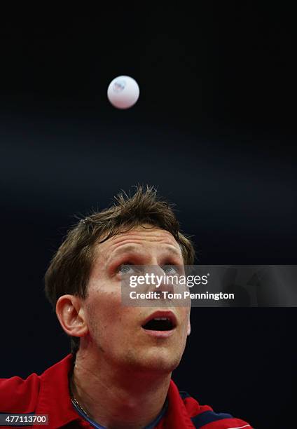 Robert Gardos of Austria competes in the Men's Team Table Tennis semi final match against Tiago Apolonia of Portugal during day two of the Baku 2015...