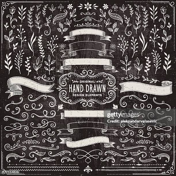 chalkboard banners, leaves,flowers, branches and swirls - board stock illustrations