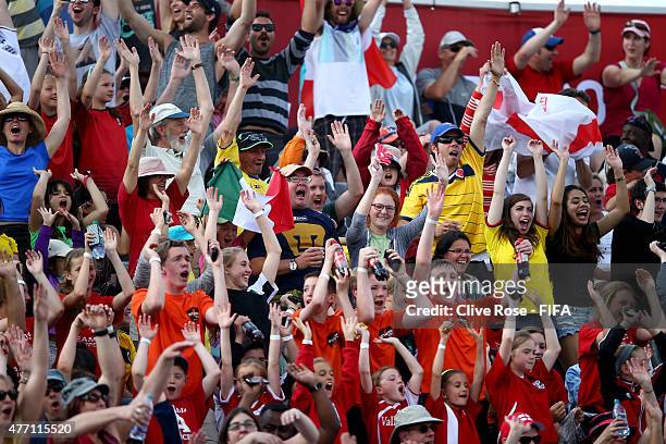 Fans cheers during the FIFA Women's World Cup 2015 Group F match between England and Mexico at Moncton Stadium on June 13, 2015 in Moncton, Canada.