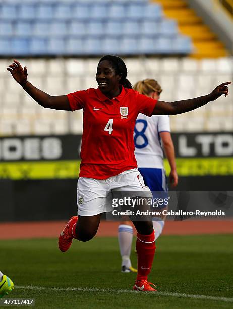 Anita Asante of England celebrates scoring a goal during the Cyprus Cup match between England and Finland at GSZ stadium on March 7, 2014 in Larnaca,...