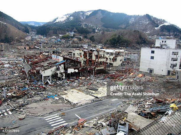 Debris scattered Onagawa City is seen a day after a 9.0 magnitude strong earthquake and subsequent tsunami struck on March 12, 2011 in Onagawa,...