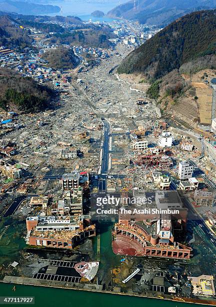 In this aerial image, tsunami devastated Onagawa town two days after the Magnitude 9.0 strong earthquake and subsequent tsunami on March 13, 2011 in...