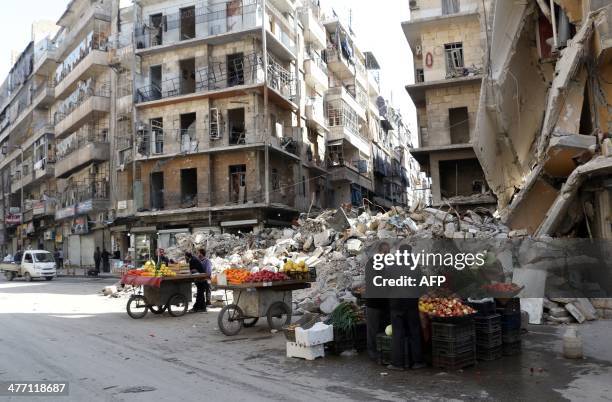 Fruit and vegetable vendors are seen stationed next to the debris of a building in the northern city of Aleppo on March 7, 2014. More than 140,000...