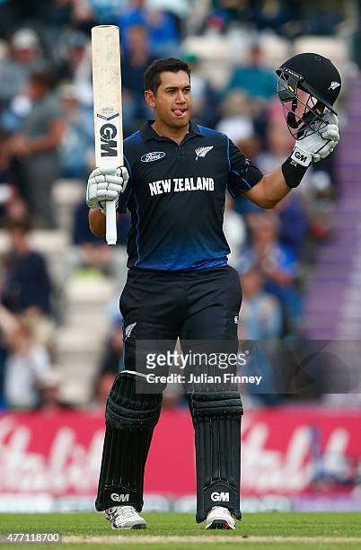 Ross Taylor of New Zealand celebrates his century during the 3rd ODI Royal London One-Day Series 2015 at the Ageas Bowl on June 14, 2015 in...