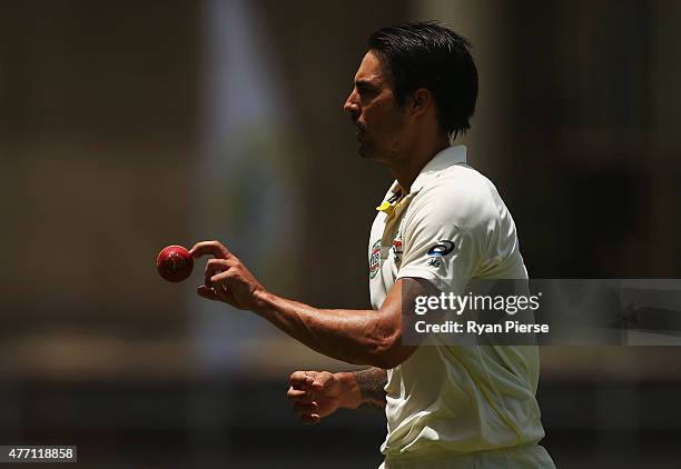 Mitchell Johnson of Australia prepares to bowl during day four of the Second Test match between Australia and the West Indies at Sabina Park on June...