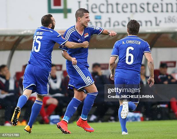 Liechtenstein's Sandro Wieser , celebrate the 1-0, with Seyhan Yildiz and Andreas Christen, during the Euro 2016 qualifying football match between...
