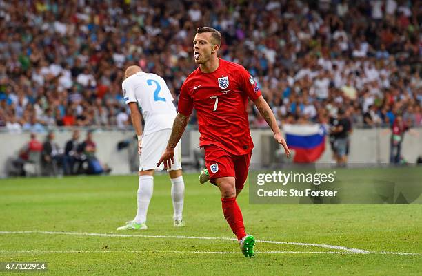 Jack Wilshere of England celebrates scoring their second goal during the UEFA EURO 2016 Qualifier between Slovenia and England on at the Stozice...