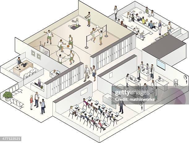 ilustraciones, imágenes clip art, dibujos animados e iconos de stock de isométricos ilustración de la escuela de unión (cutaway) - isometric school