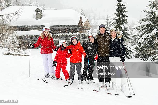 Princess Elisabeth, Princess Eleonore, Prince Emmanuel, Prince Gabriel, King Philippe and Queen Mathilde of Belgium pose for a photograph during...