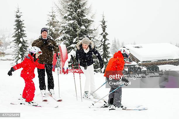 Princess Eleonore, King Philippe, Queen Mathilde and Prince Emmanuel of Belgium ski during their winter holiday on March 3, 2014 in Verbier,...