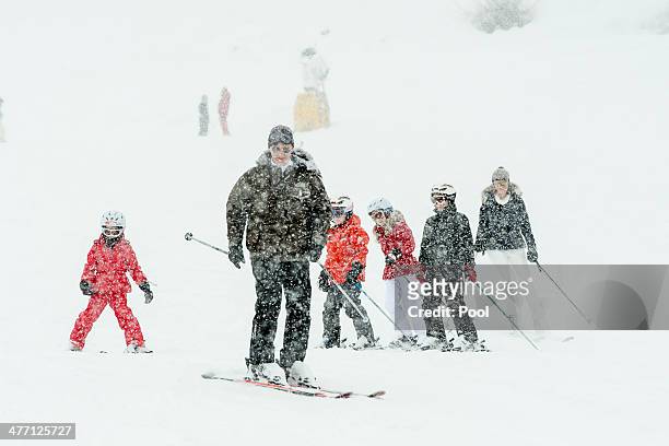 The Royal Famliy of Belgium skies during their winter holidays on March 3, 2014 in Verbier, Switzerland.