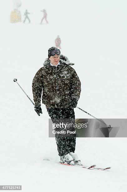 King Philippe of Belgium skies during his winter holidays on March 3, 2014 in Verbier, Switzerland.