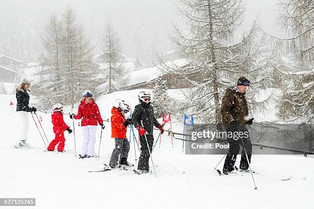 Queen Mathilde, Princess Eleonore, Princess Elisabeth, Prince Emmanuel, Prince Gabriel and King Philippe of Belgium ski during their winter holidays...