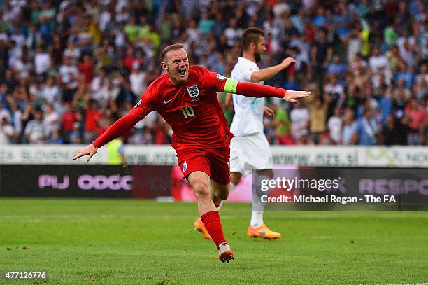 Wayne Rooney of England celebrates scoring their third goal during the UEFA EURO 2016 Qualifier between Slovenia and England on at the Stozice Arena...