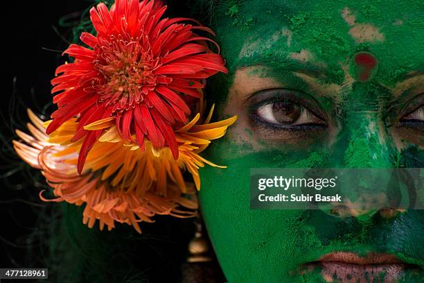 portrait of an indian woman during holi festival . - holi portraits stock pictures, royalty-free photos & images