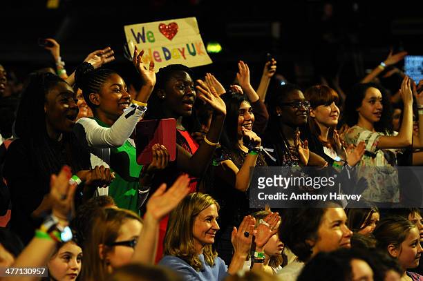 The crowd cheers as Free The Children hosts their debut UK global youth empowerment event, We Day at Wembley Arena on March 7, 2014 in London,...