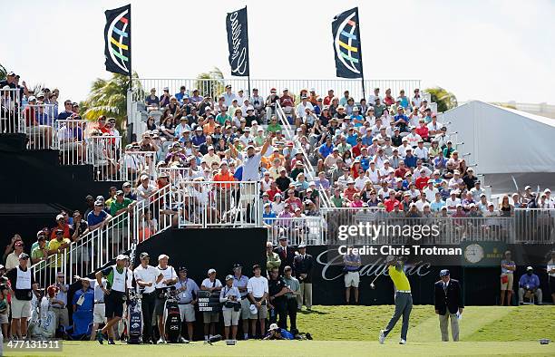 Tiger Woods hits his tee shot on the tenth during the second round of the World Golf Championships-Cadillac Championship at Trump National Doral on...