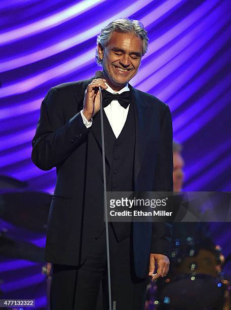 Honoree Andrea Bocelli performs during the 19th annual Keep Memory Alive "Power of Love Gala" benefit for the Cleveland Clinic Lou Ruvo Center for...