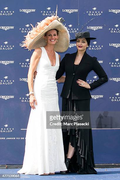 Sophie Thalmann and actress Aishwarya Rai attend the 'Prix de Diane Longines 2015' at Hippodrome de Chantilly on June 14, 2015 in Chantilly, France.