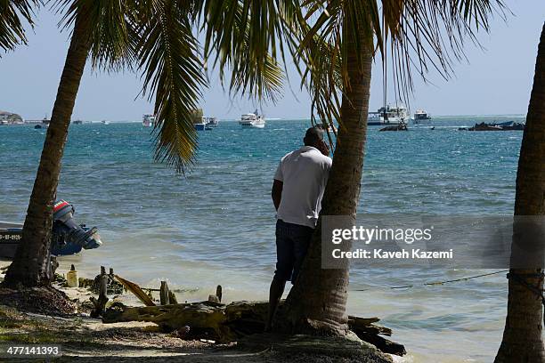 Fisherman talks on his mobile phone while standing next to a palm tree on the beach on January 24, 2014 in San Andres, Colombia. Colombia has a...
