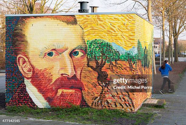 An electricity power substation is decorated with replica's of original paintings by Vincent Van Gogh on March 7, 2014 in Wassenaar, Netherlands. The...