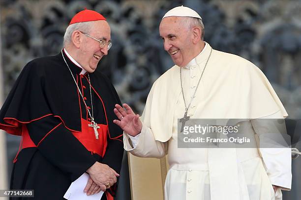 Pope Francis talks with Vicar General of Rome cardinal Agostino Vallini during a meeting with the Roman Diocesans in St. Peter's Square on June 14,...