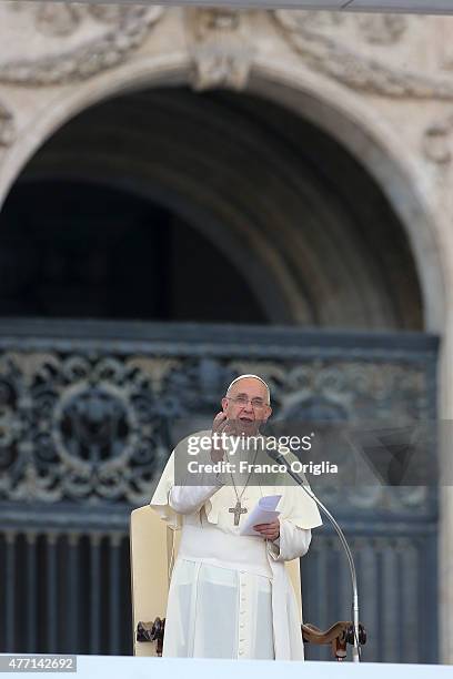 Pope Francis attends a meeting with the Roman Diocesans in St. Peter's Square on June 14, 2015 in Vatican City, Vatican. The Pontiff invited everyone...