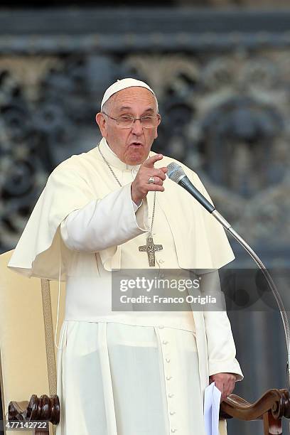 Pope Francis attends a meeting with the Roman Diocesans in St. Peter's Square on June 14, 2015 in Vatican City, Vatican. The Pontiff invited everyone...