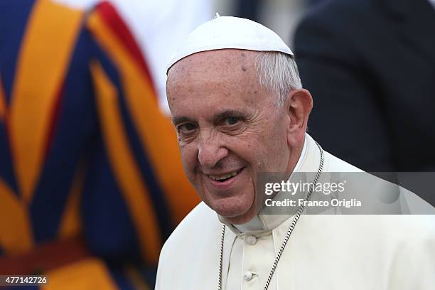 Pope Francis arrives in St. Peter's Square for a meeting with the Roman Diocesans on June 14, 2015 in Vatican City, Vatican. The Pontiff invited...