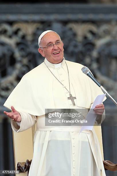 Pope Francis attends a meeting with the Roman Diocesans in St. Peter's Square on June 14, 2015 in Vatican City, Vatican. The Pontiff invited everyone...