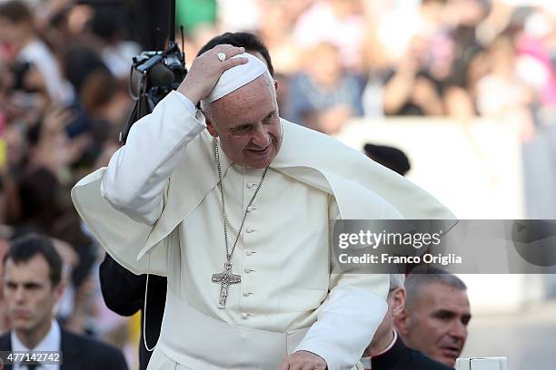 Pope Francis arrives in St. Peter's Square for a meeting with the Roman Diocesans on June 14, 2015 in Vatican City, Vatican. The Pontiff invited...