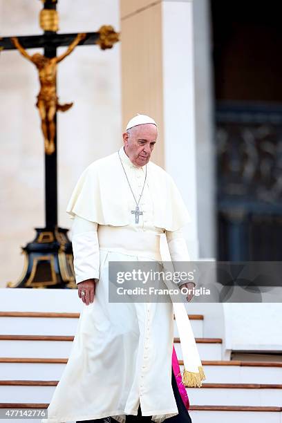 Pope Francis attends a meeting with the Roman Diocesans in St. Peter's Square on June 14, 2015 in Vatican City, Vatican. The Pontiff invited everyone...