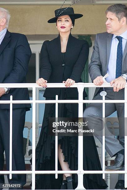 Actress Aishwarya Rai and Juan Carlos Capelli attend the 'Prix de Diane Longines 2015' at Hippodrome de Chantilly on June 14, 2015 in Chantilly,...