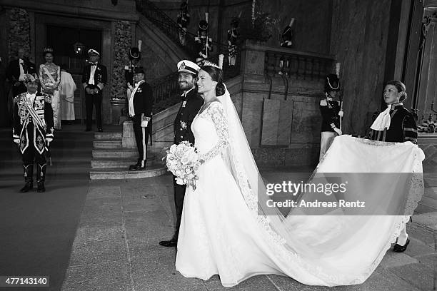 Prince Carl Philip of Sweden is seen with his new wife Princess Sofia of Sweden after their marriage ceremony at The Royal Palace on June 13, 2015 in...