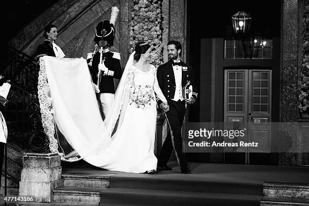 Prince Carl Philip of Sweden is seen with his new wife Princess Sofia of Sweden after their marriage ceremony at The Royal Palace on June 13, 2015 in...