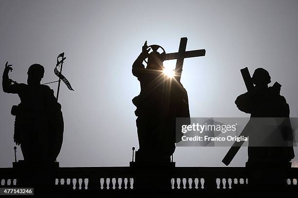 The sculpture featuring The Christ Redeemer on the terrace overlooking St. Peter's Square during a meeting of Pope Francis with the Roman Diocesans...