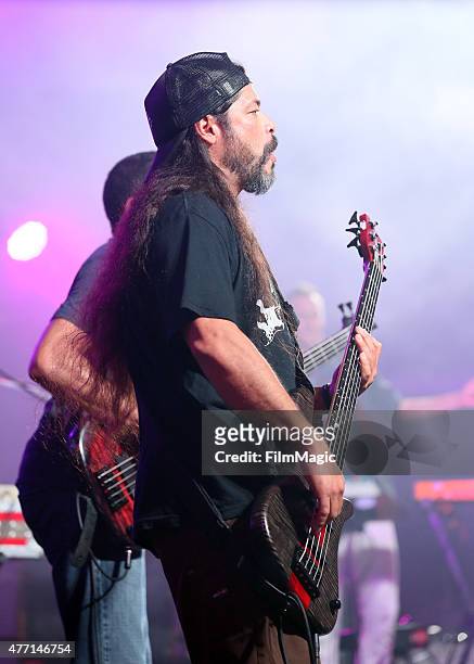 Musician Robert Trujillo performs onstage at The Other Tent as part of the SuperJam during Day 3 of the 2015 Bonnaroo Music And Arts Festival on June...