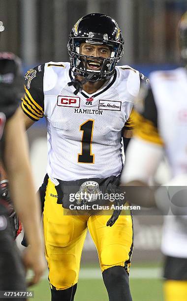 Tiquan Underwood of the Hamilton Tiger-Cats is all smiles after a Tiger-Cat touchdown against the Ottawa Redblacks during a pre-season CFL football...