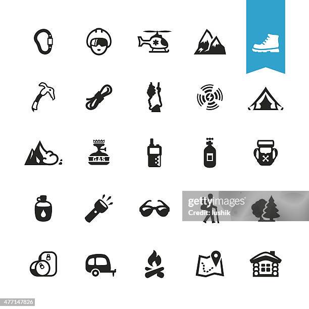 wandern, camping und klettern zugehörige vektor-icons - wohngebäude innenansicht stock-grafiken, -clipart, -cartoons und -symbole