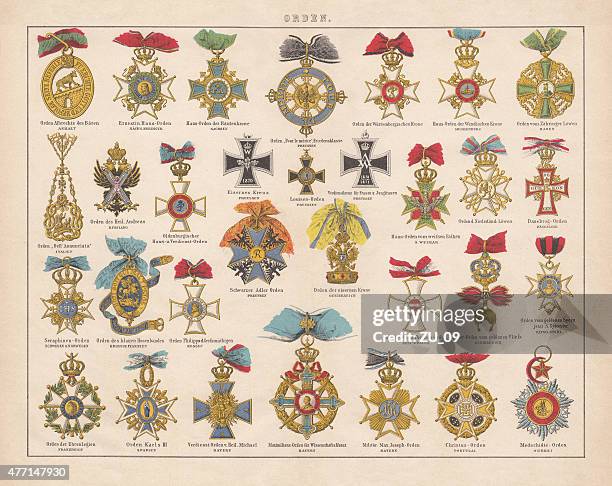 orders and medals from europe, lithograph, published in 1877 - military medal stock illustrations