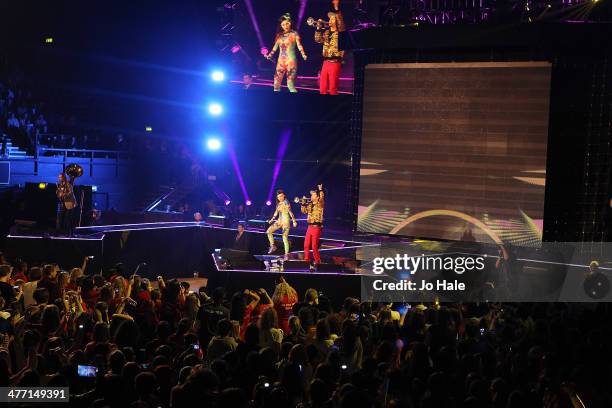 Bloem de Ligny and Sam Ritchie aka Lady Oo of Sam and the Womp perform on stage for We Day UK event at Wembley Arena on March 7, 2014 in London,...