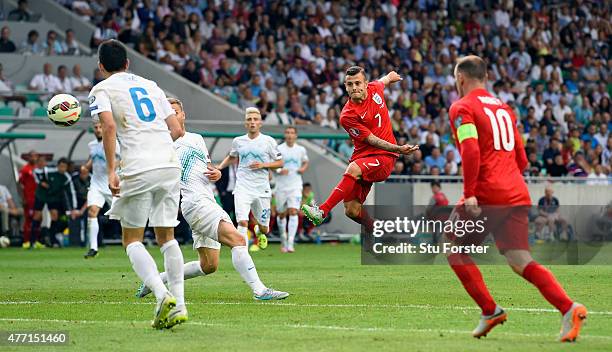 England player Jack Wilshere scores the second England goal during the UEFA EURO 2016 Qualifier between Slovenia and England on at the Stozice Arena...