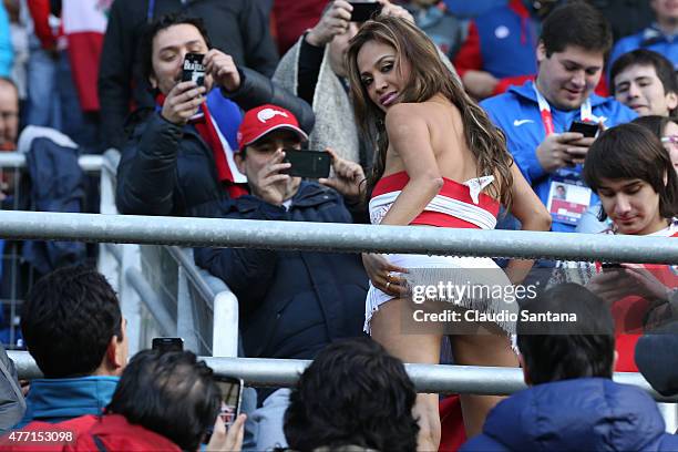 Nissu Cauti, fan of Peru, during the 2015 Copa America Chile Group C match between Brazil and Peru at Municipal Bicentenario Germán Becker Stadium on...