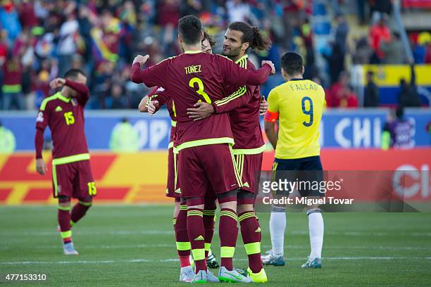 Oswaldo Vizcarrondo of Venezuela and teammates celebrate after the 2015 Copa America Chile Group C match between Colombia and Venezuela at El...