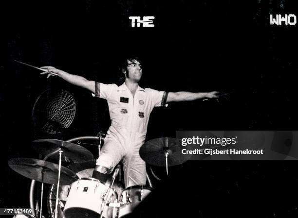 Keith Moon of The Who on stage at a concert at Ahoy in Rotterdam, Netherlands on October 27 1975.