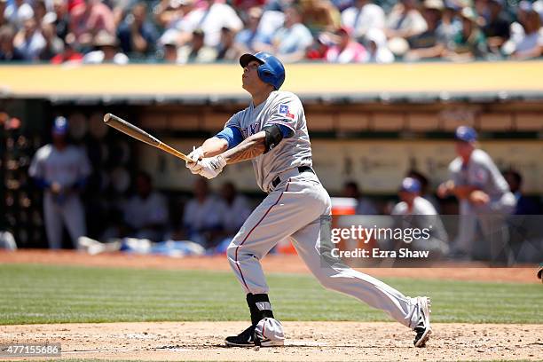 Kyle Blanks of the Texas Rangers bats against the Oakland Athletics at O.co Coliseum on June 11, 2015 in Oakland, California.