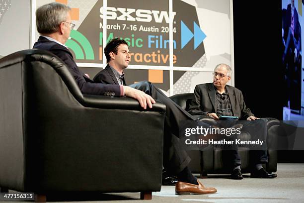 Executive Chairman of Google Eric Schmidt, Director of Google Ideas Jared Cohen and journalist Steven Levy speak onstage at "The New Digital Age"...
